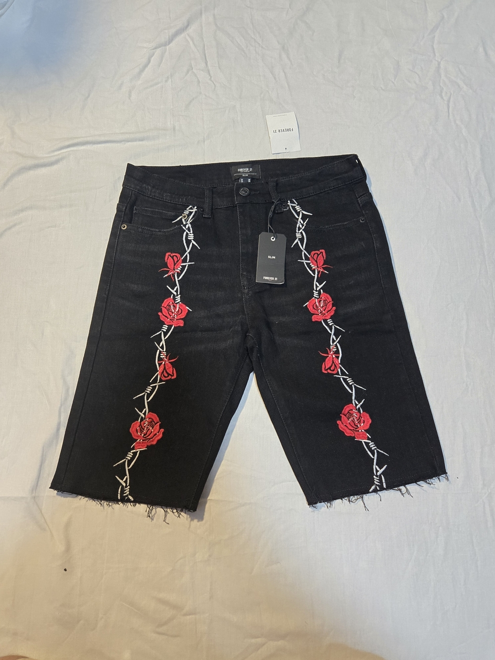 Forever 21 Black Denim Bermuda Shorts with Red Rose Embroidery